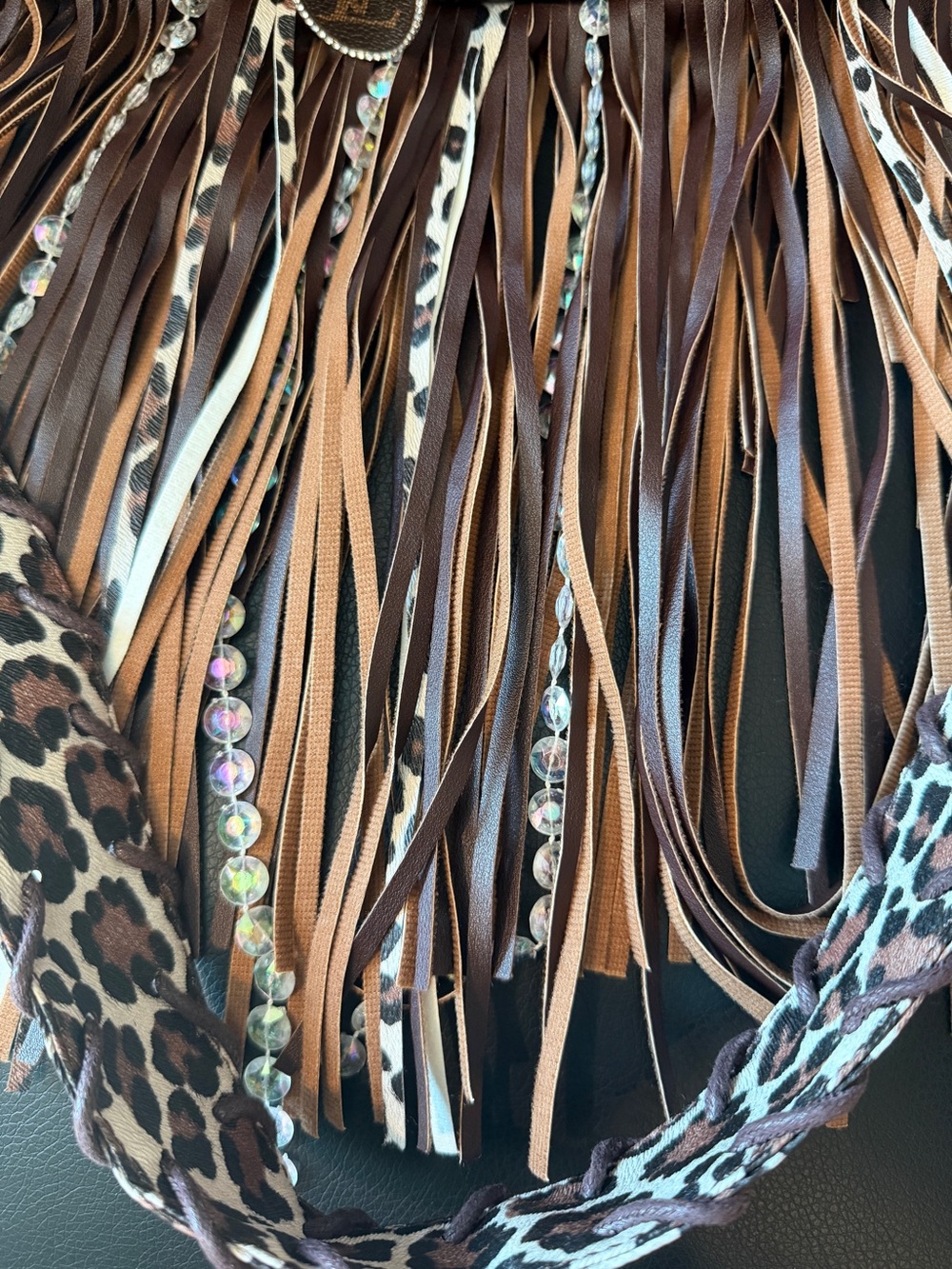 Brown Fringe Crossbody Bag with Animal Print Strap - Picture 6 of 7